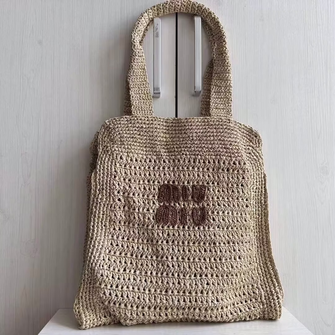 Top miumiu mesh woven bag raffia straw bag shopping bag tote tote underarm bag shoulder bag 38*40-High Faux Bags