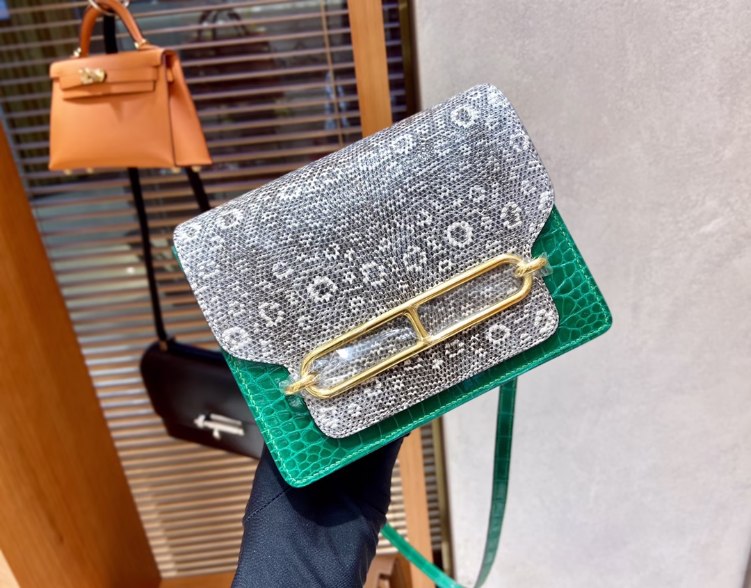 roulis pig nose 18cm emerald green crocodile 🐊 glossy collocation lizard 🦎 gold buckle top handmade-High Faux Bags