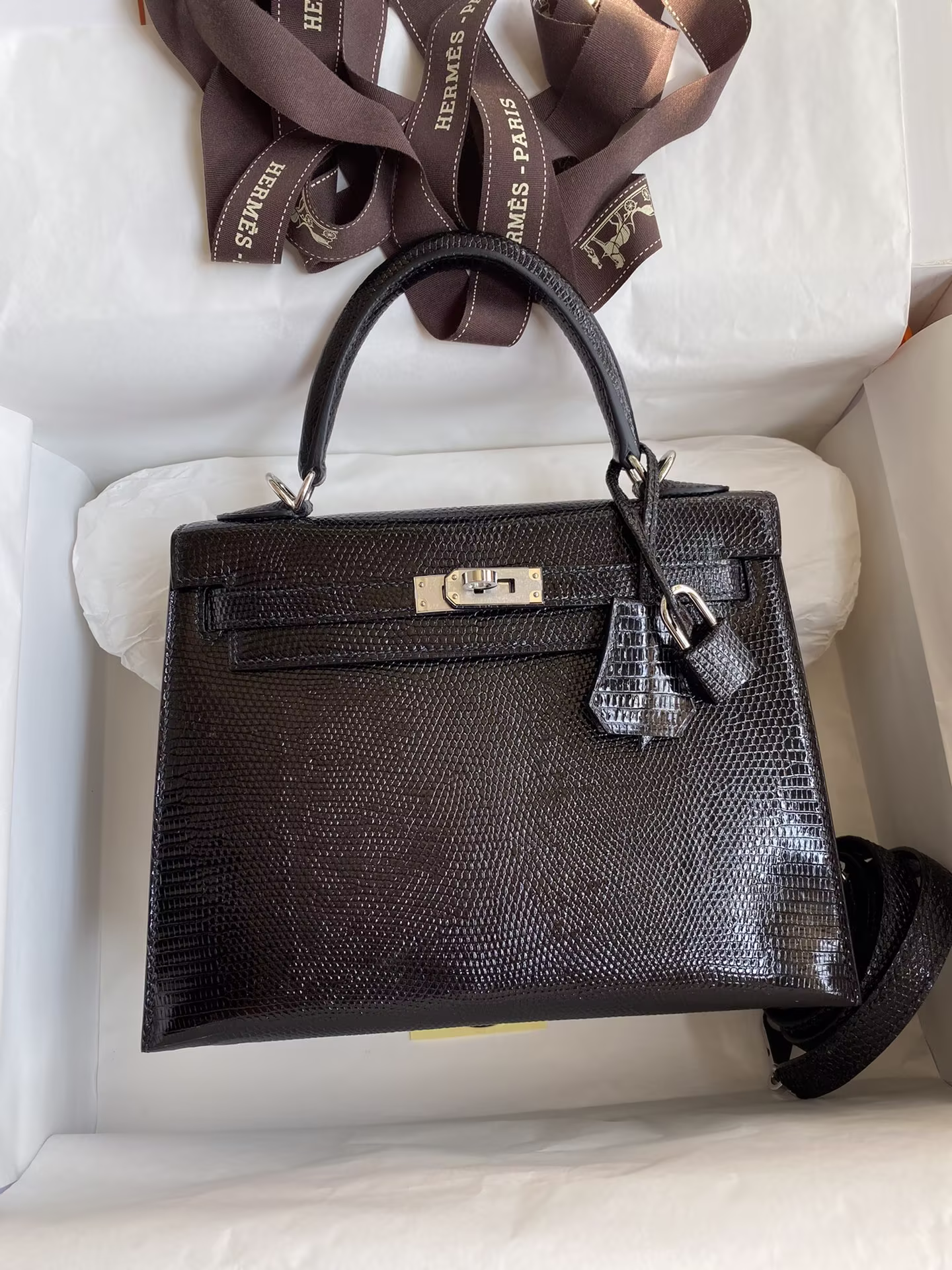 Customer order: fully hand-stitched 👉Kelly 25cm imported lizard skin 🦎 black silver buckle ✈️✈️-high replica bags