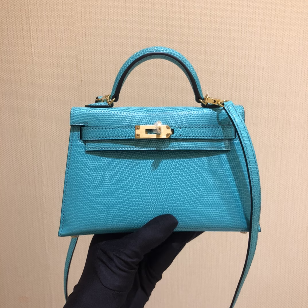 Mini Kelly II gold buckle lizard 🦎 leather U1 Verona green top handmade-High Faux Bags