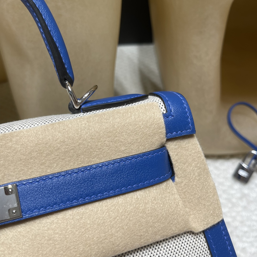 Picture [3]-Order shipment limited edition kelly 28cm Kelly Toile Hswift Leather Patchwork Canvas lightweight unique Swift French Blue Patchwork Canvas Silver Buckle-High Faux Bags