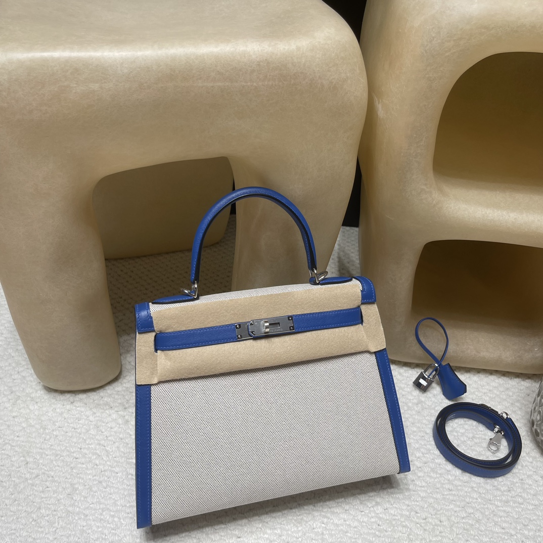 Picture [2]-Order shipment limited edition kelly 28cm Kelly Toile Hswift Leather Patchwork Canvas lightweight unique Swift French Blue Patchwork Canvas Silver Buckle-High Faux Bags