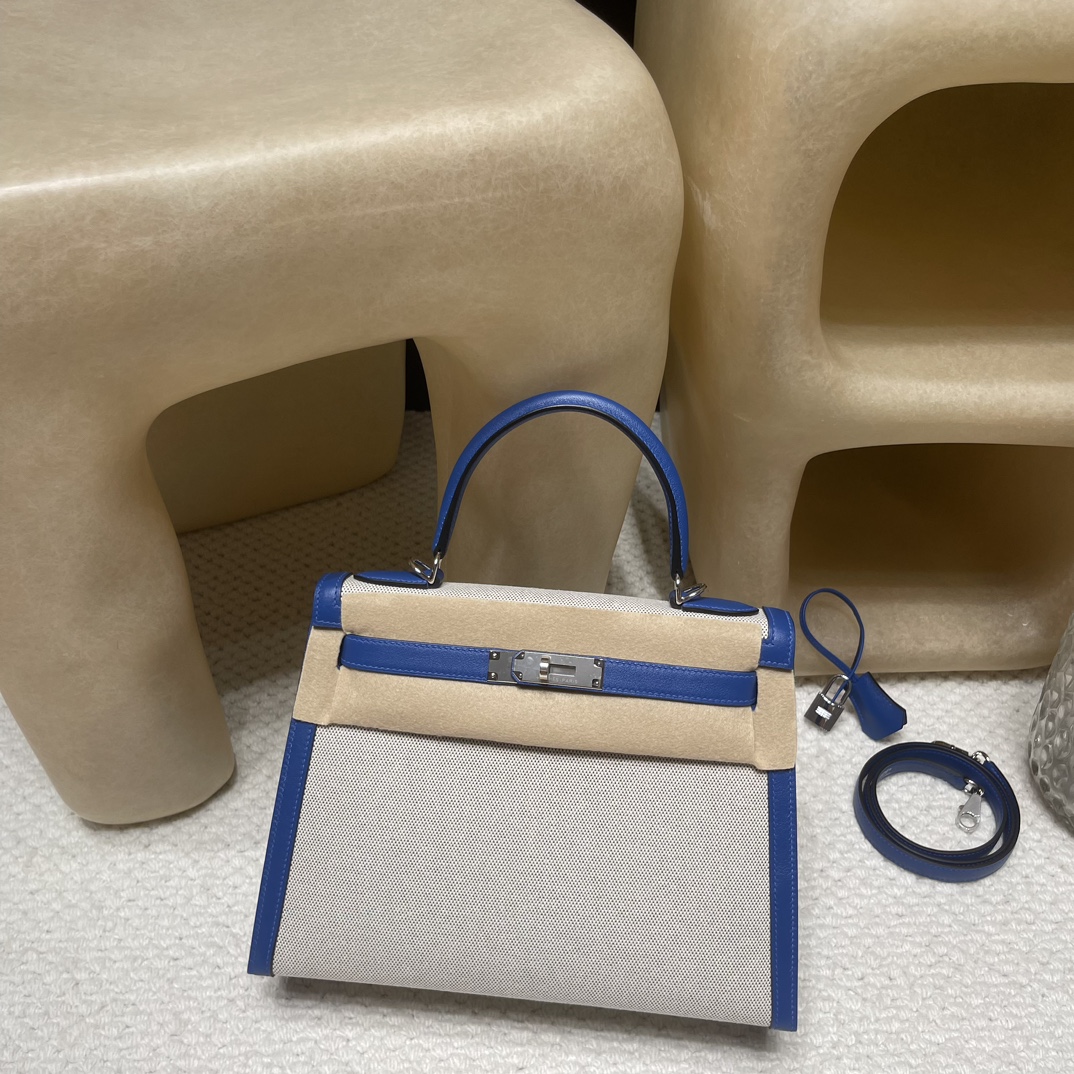 Picture [1]-Order shipment limited edition kelly 28cm Kelly Toile Hswift Leather Patchwork Canvas lightweight unique Swift French Blue Patchwork Canvas Silver Buckle-High Faux Bags