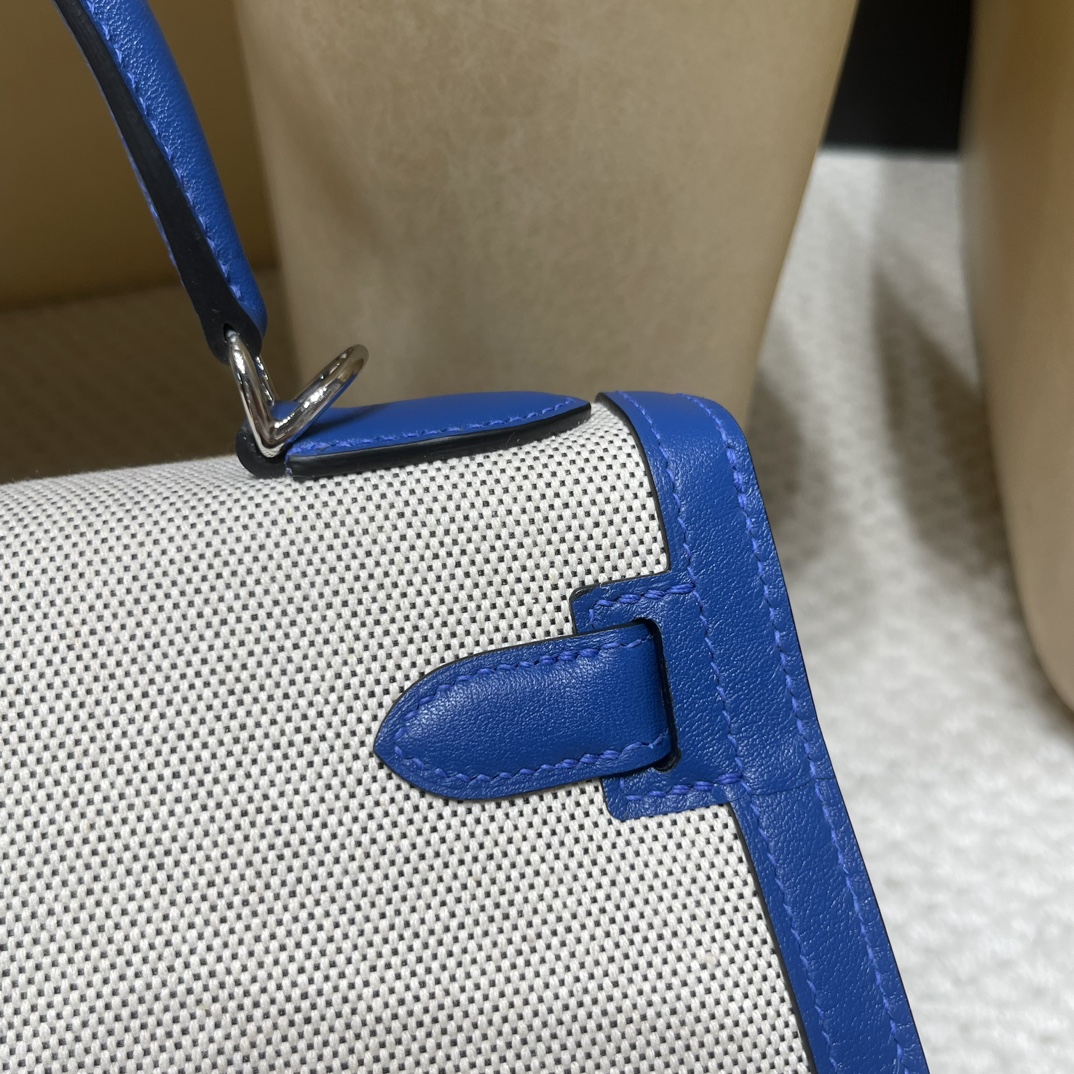 Picture [6]-Order shipment limited edition kelly 28cm Kelly Toile Hswift Leather Patchwork Canvas lightweight unique Swift French Blue Patchwork Canvas Silver Buckle-High Faux Bags