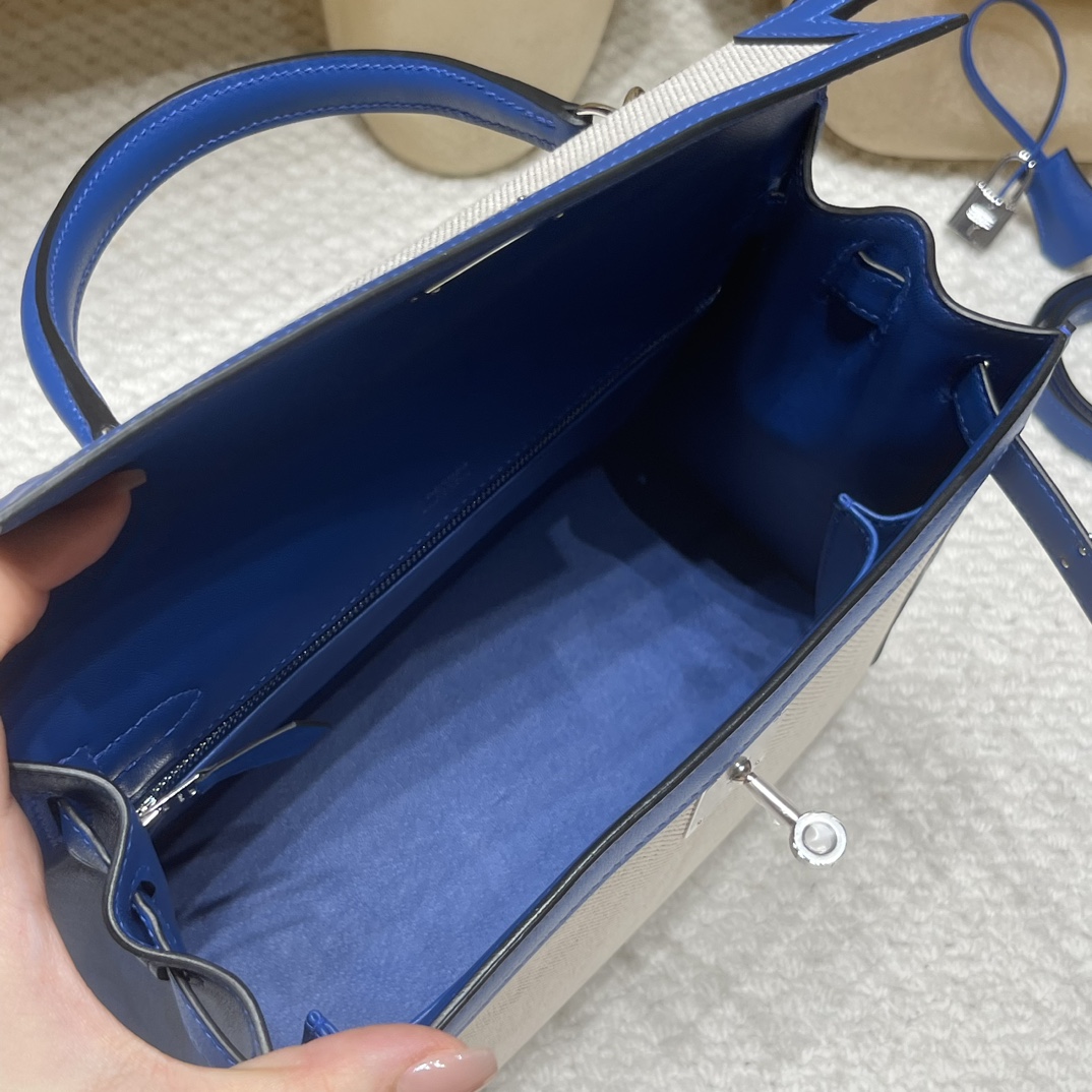 Picture [8]-Order shipment limited edition kelly 28cm Kelly Toile Hswift Leather Patchwork Canvas lightweight unique Swift French Blue Patchwork Canvas Silver Buckle-High Faux Bags