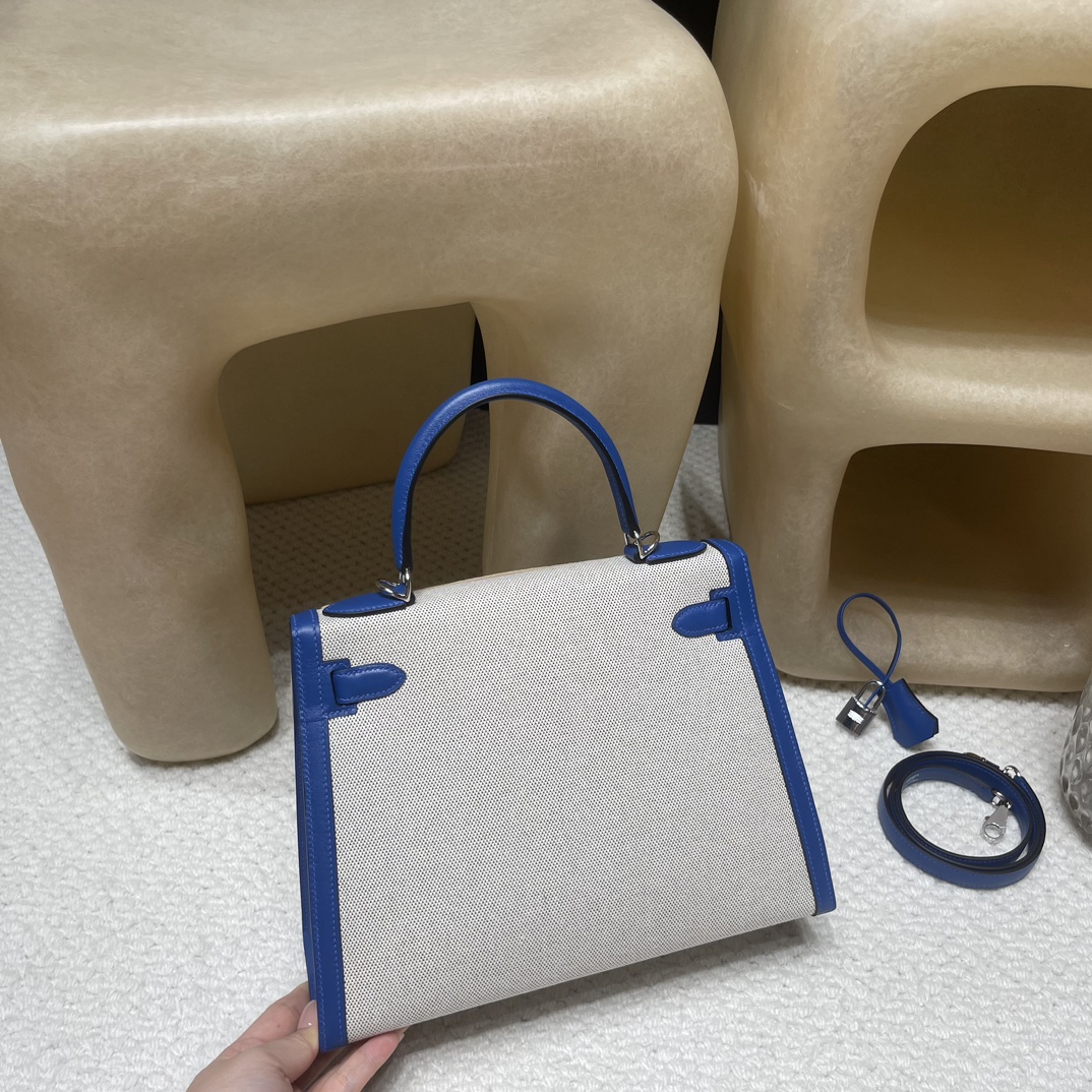 Picture [9]-Order shipment limited edition kelly 28cm Kelly Toile Hswift Leather Patchwork Canvas lightweight unique Swift French Blue Patchwork Canvas Silver Buckle-High Faux Bags