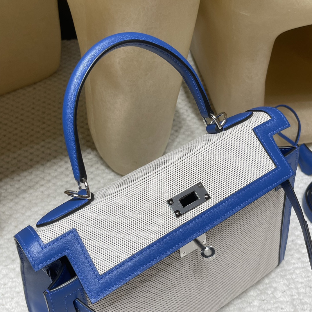 Picture [7]-Order shipment limited edition kelly 28cm Kelly Toile Hswift Leather Patchwork Canvas lightweight unique Swift French Blue Patchwork Canvas Silver Buckle-High Faux Bags