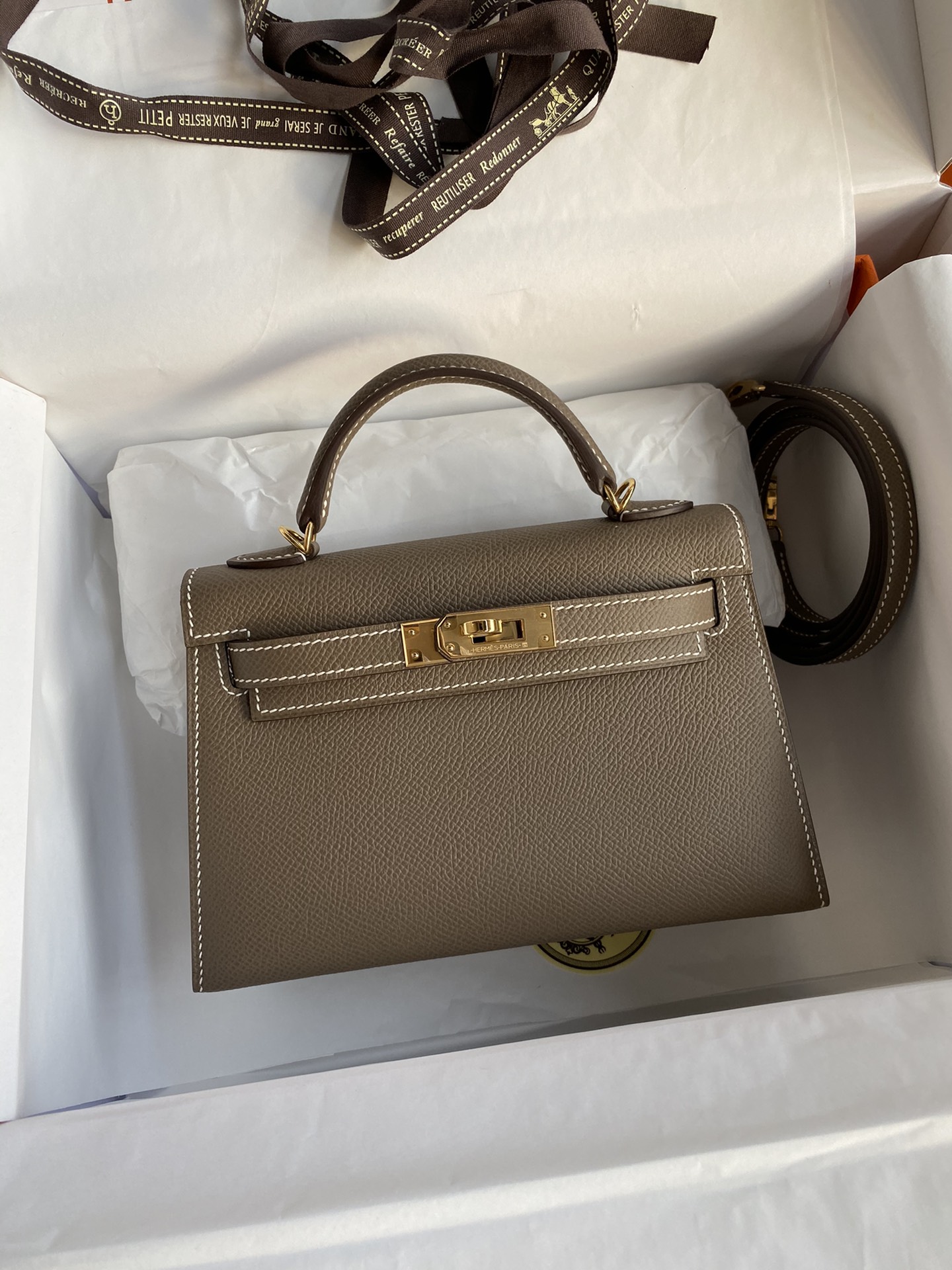 👉 Second Generation Mini Kelly 19cm Imported Epsom Leather Elephant Gray Gold Buckle-High Fake Bags