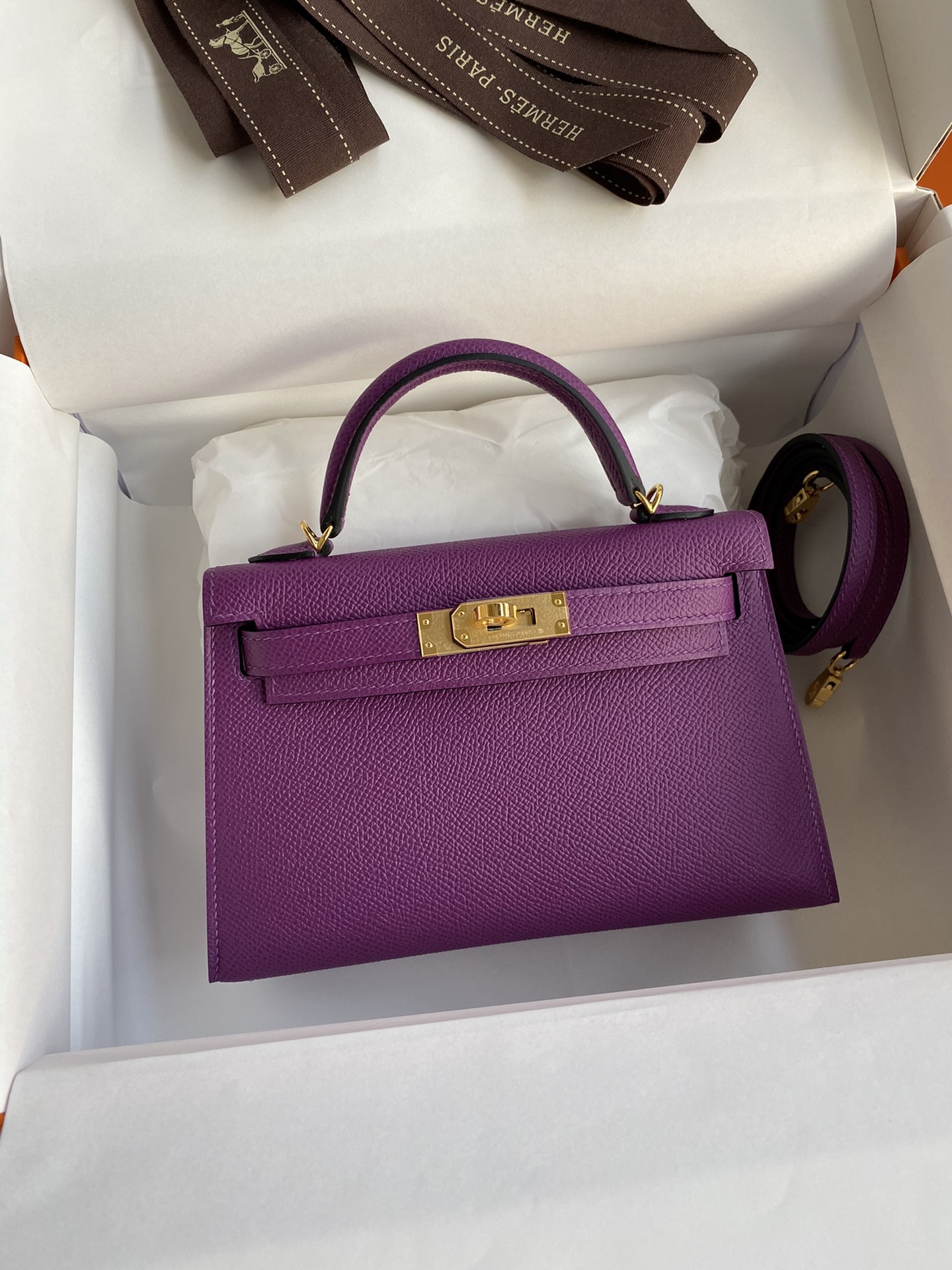 👉二代Mini Kelly 19cm 进口Epsom皮 海葵紫 金扣-高仿包包