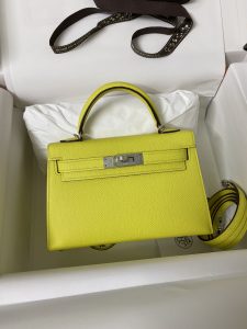 👉二代Mini Kelly 19cm 进口Epsom皮 柠檬黄 银扣-高仿包包