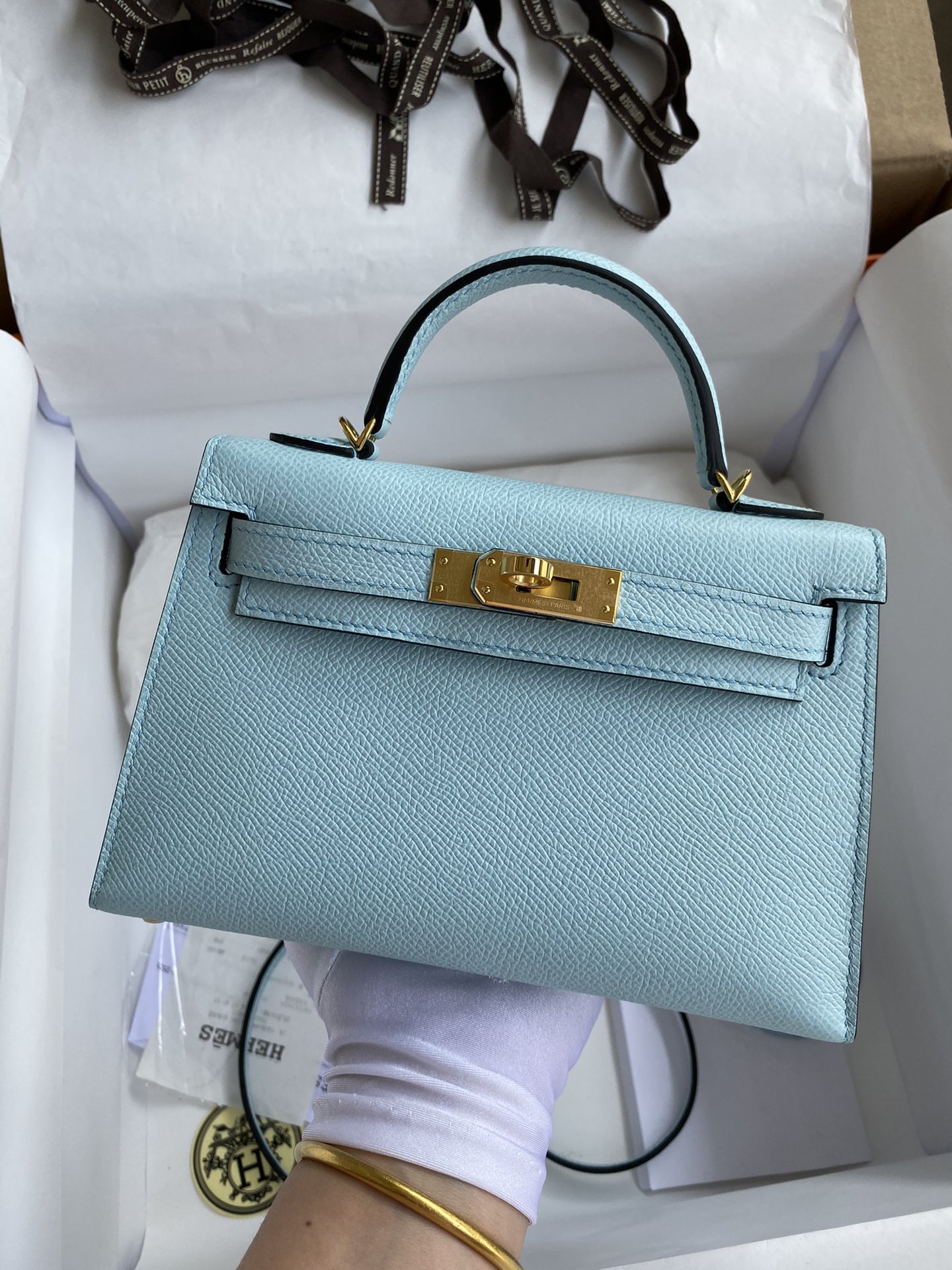 👉二代Mini Kelly 19cm 进口Epsom皮 微风蓝 金扣-高仿包包