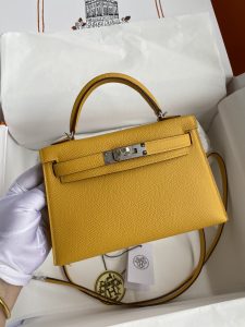 👉 II Mini Kelly 19cm Imported Epsom Leather Amber Yellow Silver Buckle-High Faux Bags