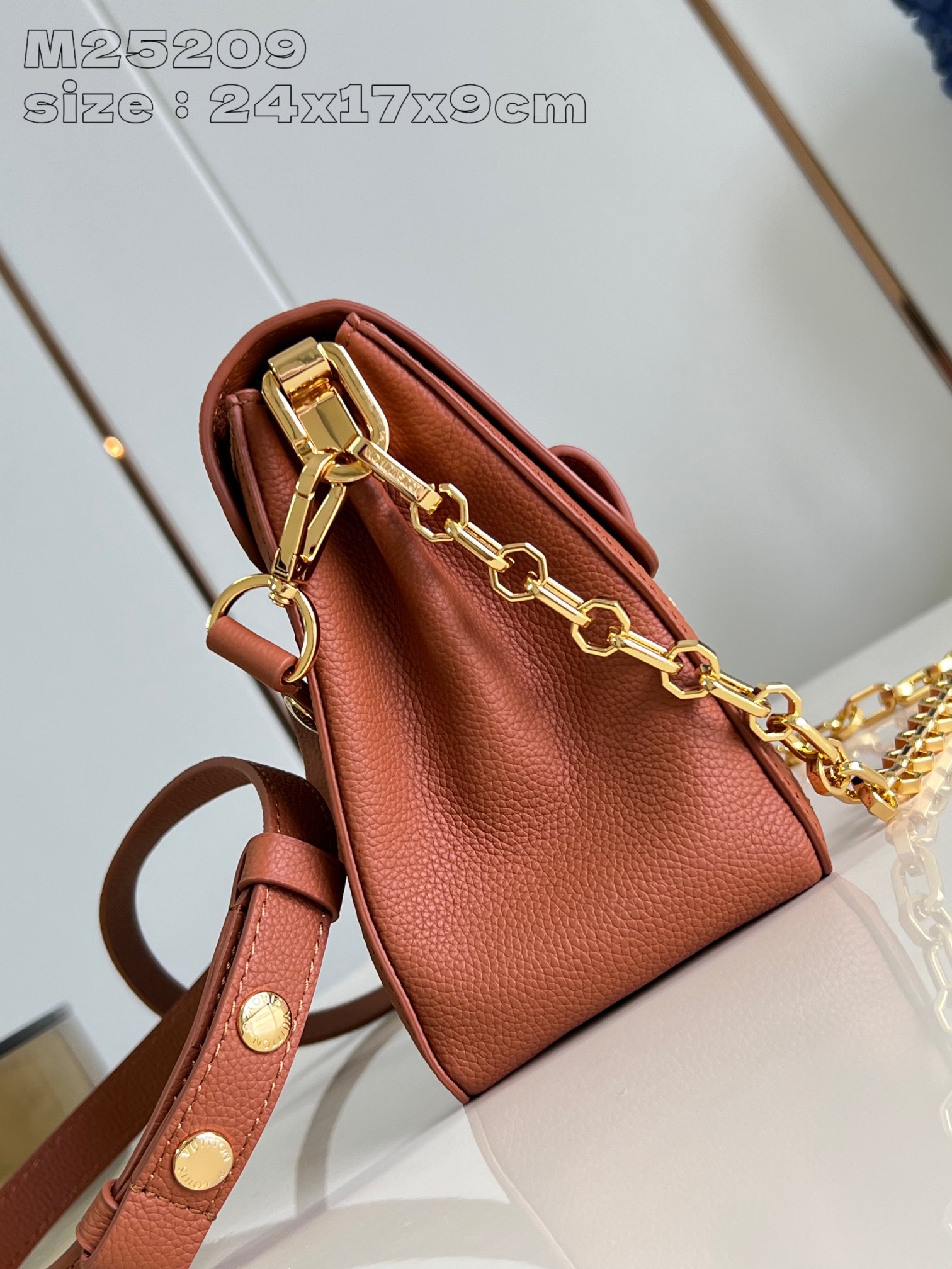 P1780 M25048 Brown The Dauphine Soft medium bag from Creative Director Nicolas Ghesquière was presented at the Spring/Summer 2024 show in a new relaxed shape with Dauphine handbag elements embellishing the soft cowhide leather body, including a chic locking clasp, a detachable chain strap, and a sleek leather shoulder strap. 24 x 17 x 9 cm (length x height x width).