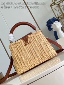 P2400 Replica M48865 Brown Rattan Bamboo Basket/Small This Capucines BB handbag is made of rattan soaked in water to soften the rattan and then hand-woven for three hours to achieve the classic shape Cowhide leather shapes the flap and the top handle Removable and adjustable slim leather shoulder strap for carrying over the shoulder or across the body 27 x 17 x 14cm (L x H x W)
