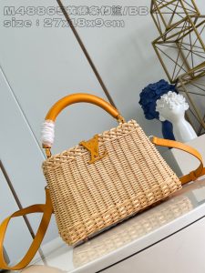 P2400 Replica M48865 Yellow Rattan Bamboo Basket/Small This Capucines BB handbag is made of rattan soaked in water to soften the rattan and then hand-woven for three hours to achieve the classic shape Cowhide leather shapes the flap and the top handle Removable and adjustable slim leather shoulder strap for carrying over the shoulder or across the body 27 x 17 x 14cm (L x H x W)