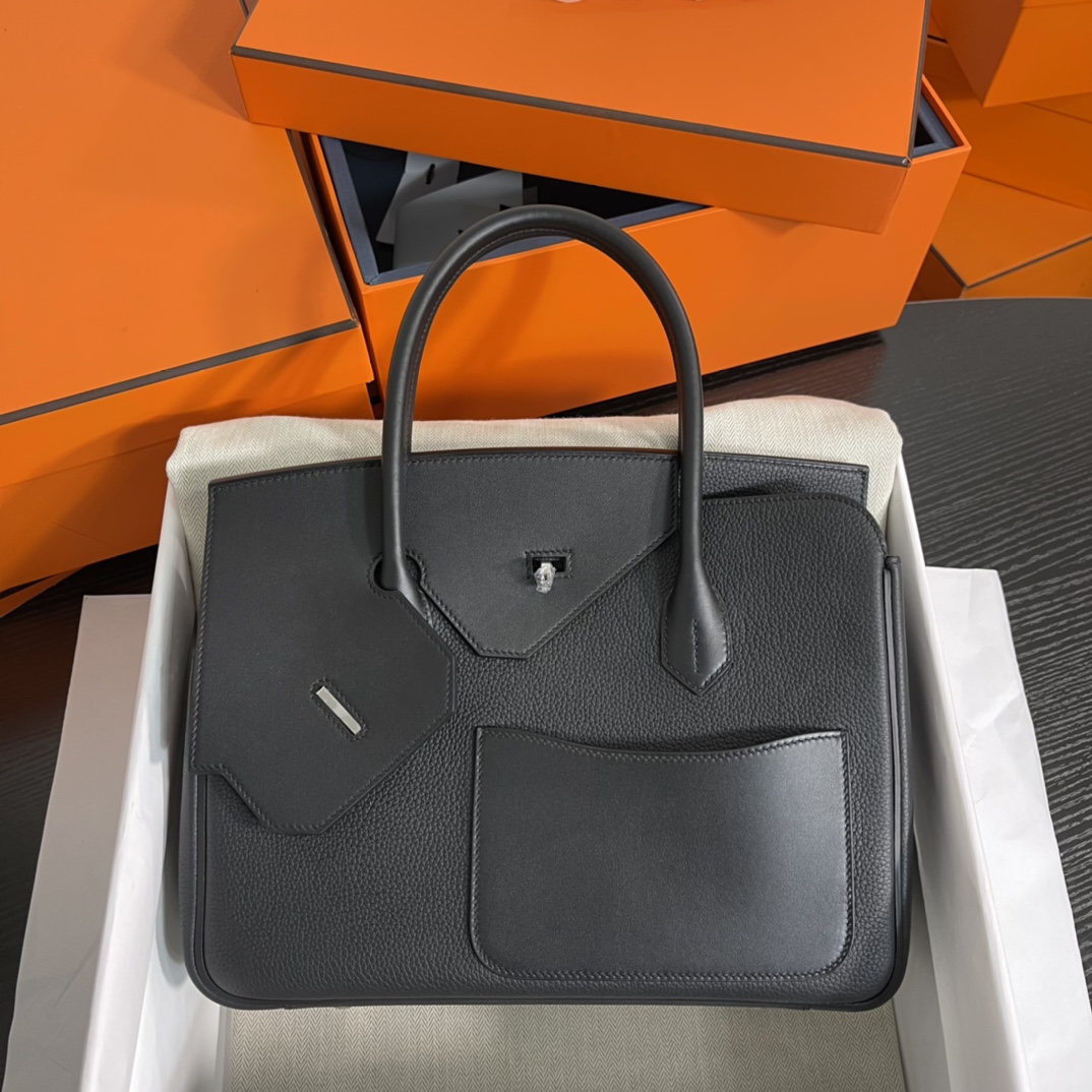 Image[1]-New arrival in stock 🐎Birkin desordre 30cm irregular model togo black silver buckle Handmade-High Fake Bags