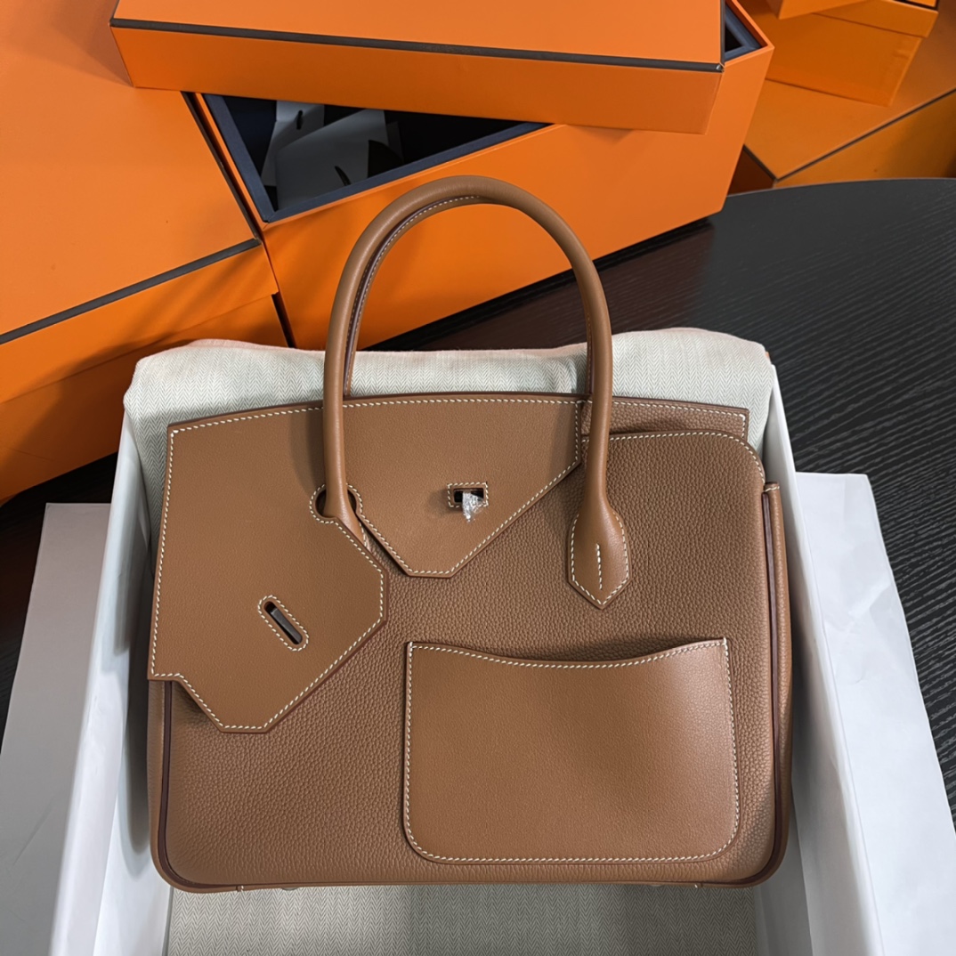 New arrival in stock 🐎Birkin desordre 30cm irregular model togo gold brown silver buckle handmade-High Fake Bags