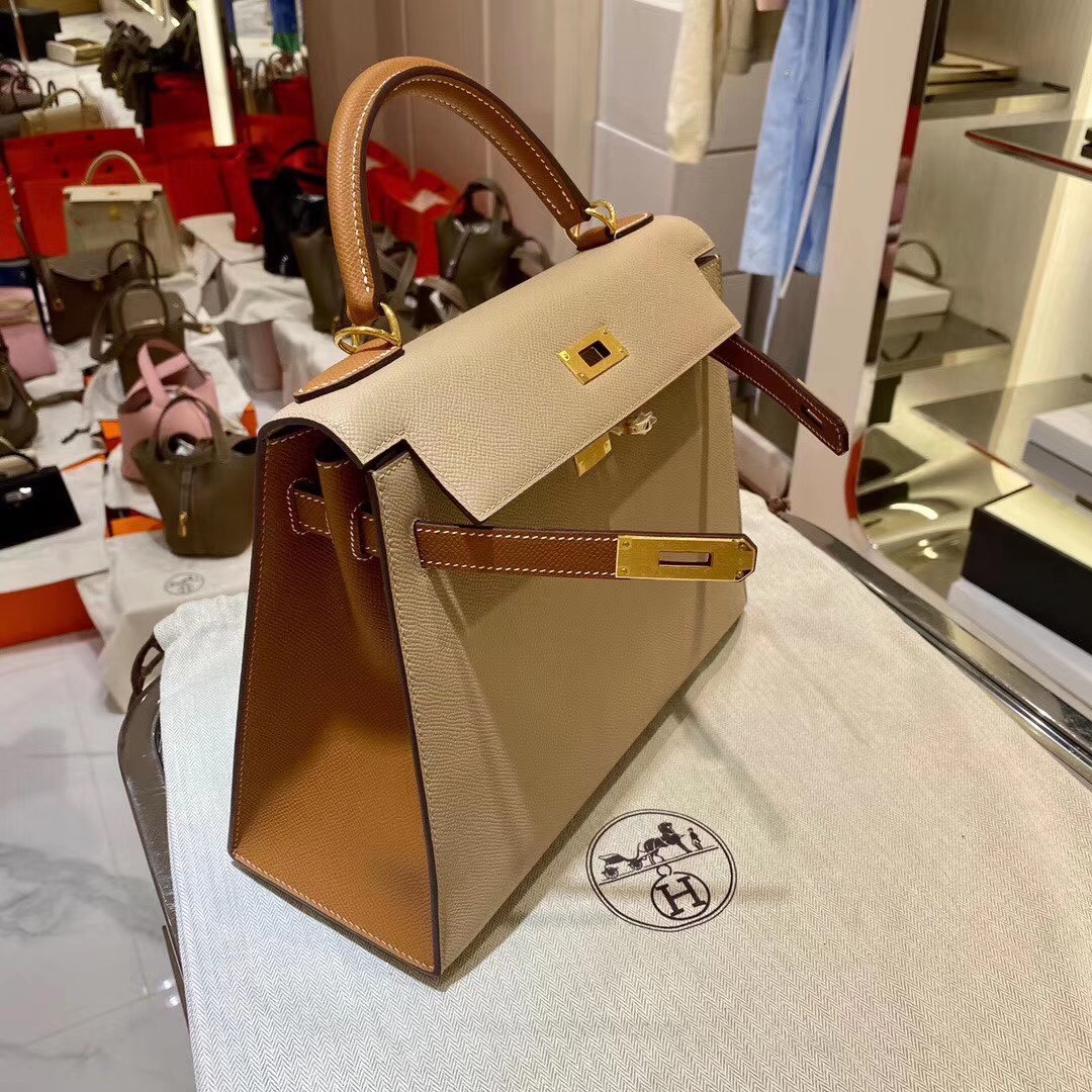 图片[5]-客定 Kelly 28新配色Epsom S2风衣灰 拼37金棕色 金扣全手工缝制✈️-高仿包包