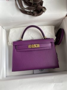 全手缝👉二代Mini Kelly 19cm 进口Epsom皮 海葵紫 金扣-高仿包包