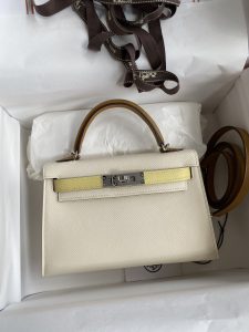 全手缝👉二代Mini Kelly 19cm 进口Epsom皮 奶油白拼芝麻色拼小鸡黄 银扣-高仿包包
