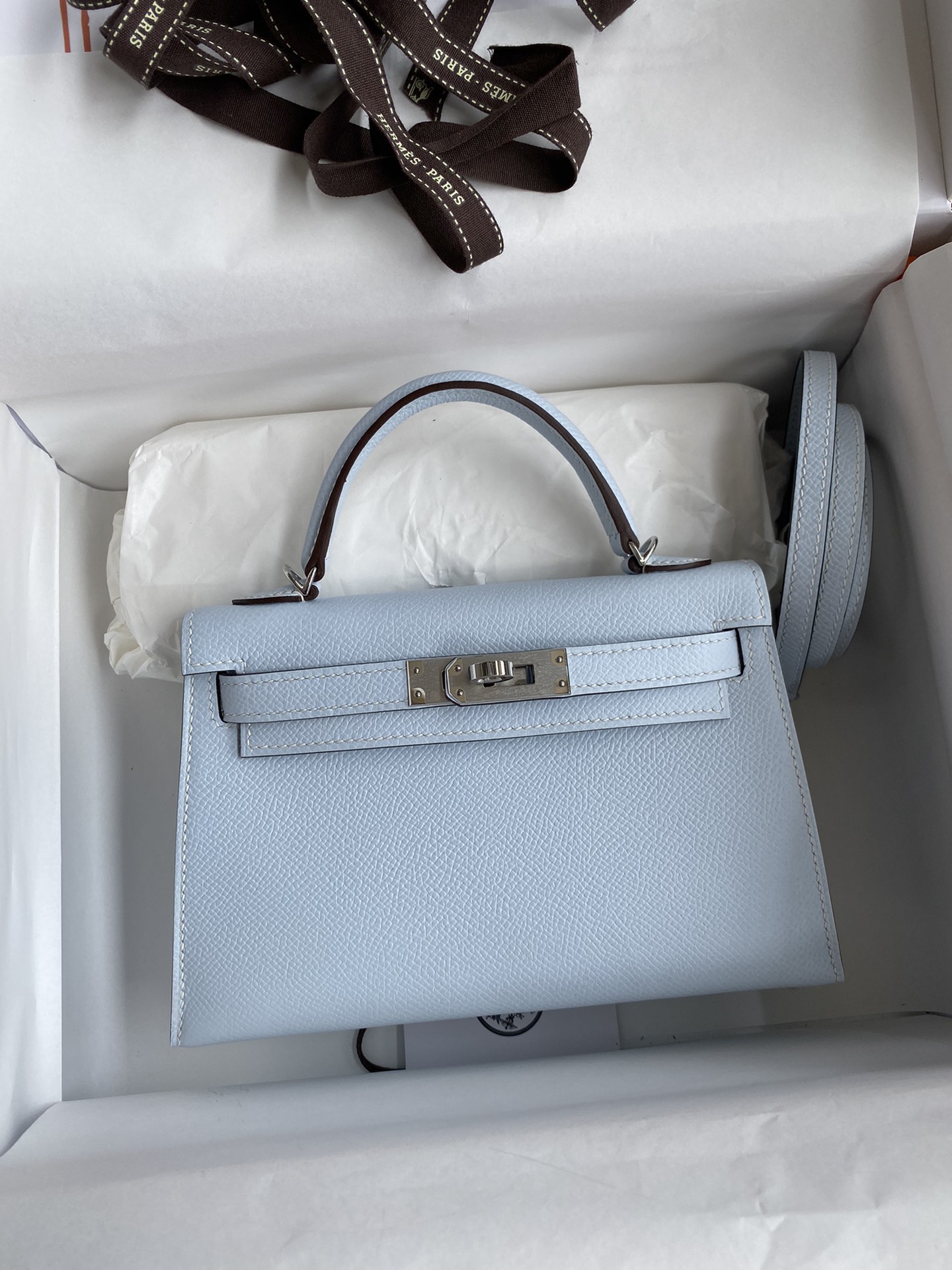 全手缝👉二代Mini Kelly 19cm 进口Epsom皮 雾蓝 银扣-高仿包包
