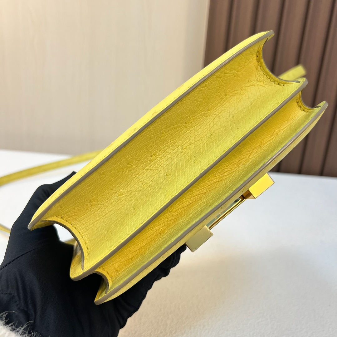 图片[9]-Constance 19cm Ostrich 原厂kk进口鸵鸟皮 9R柠檬黄 金扣 一级工艺 全手工缝 Ghw 定制✈️-高仿包包