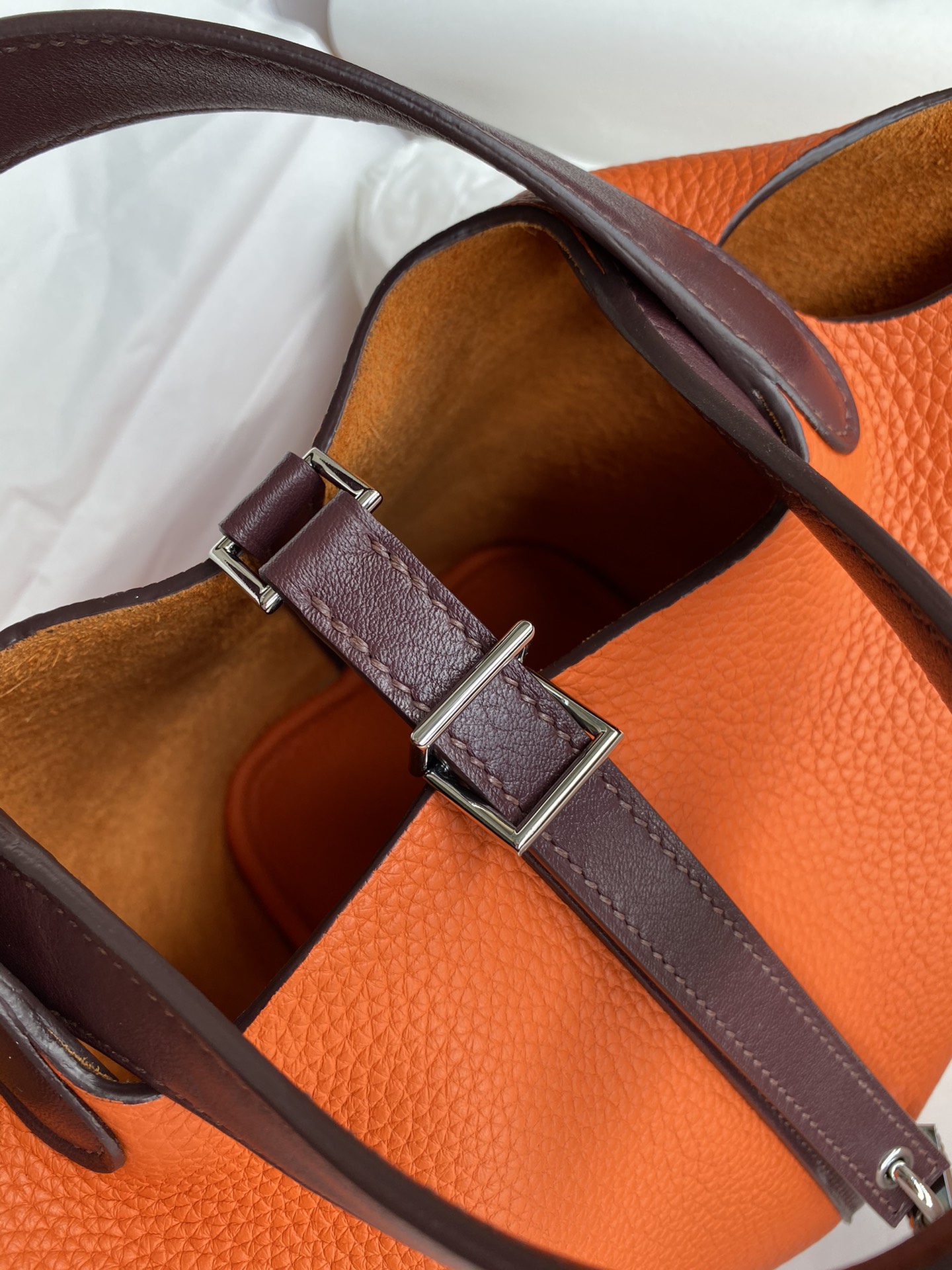 Picture [6]- Vegetable Basket Picotin...18cm Imported TC leather Orange spelling burgundy Gold and silver buckle wax line-High Faux Bags
