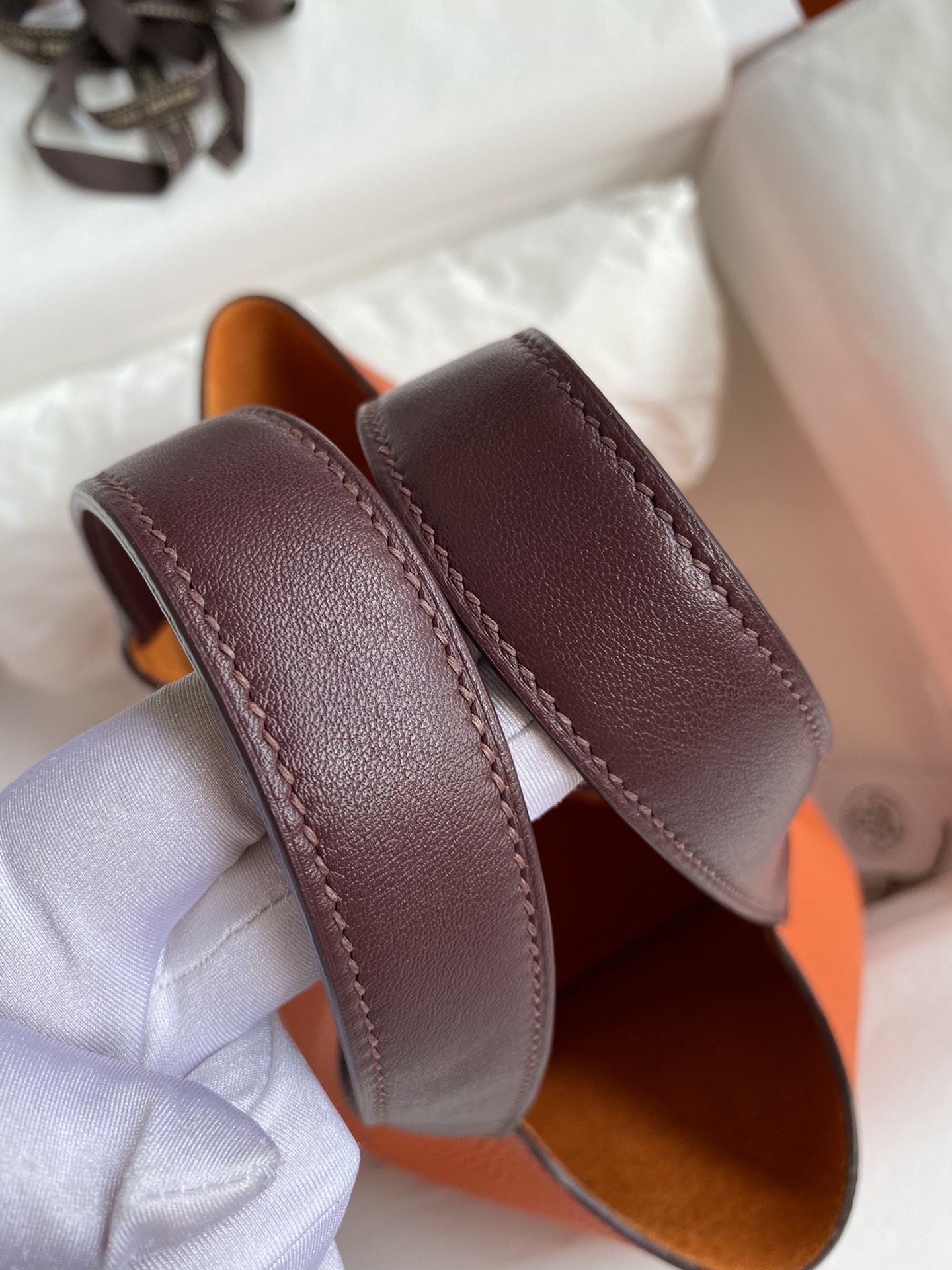 Picture [4]- Vegetable Basket Picotin...18cm Imported TC leather Orange spelling wine red Gold and silver buckle wax line-High Faux Bags