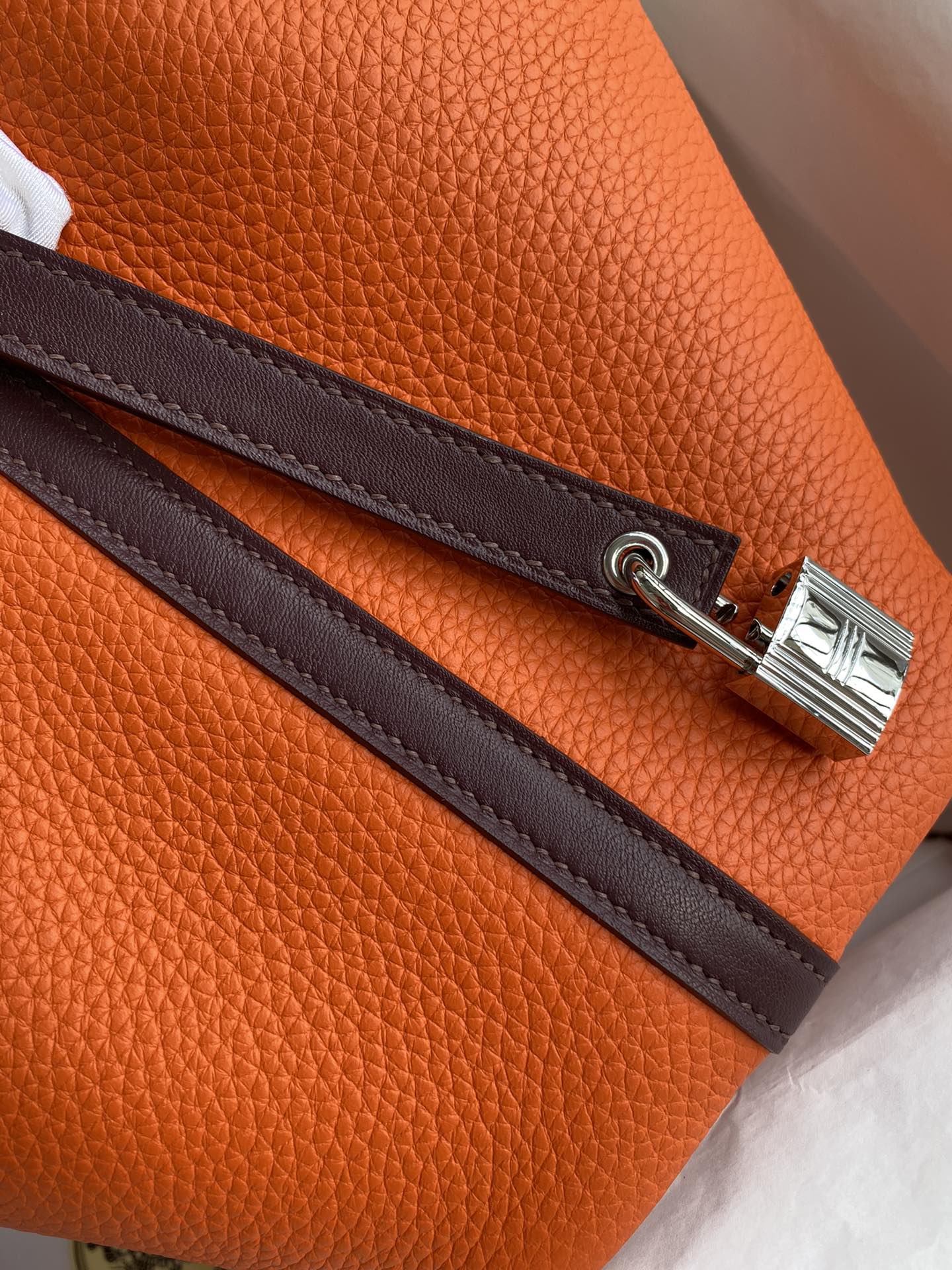 Picture [5]- Vegetable Basket Picotin...18cm Imported TC leather Orange spelling burgundy Gold and silver buckle wax line-High Faux Bags