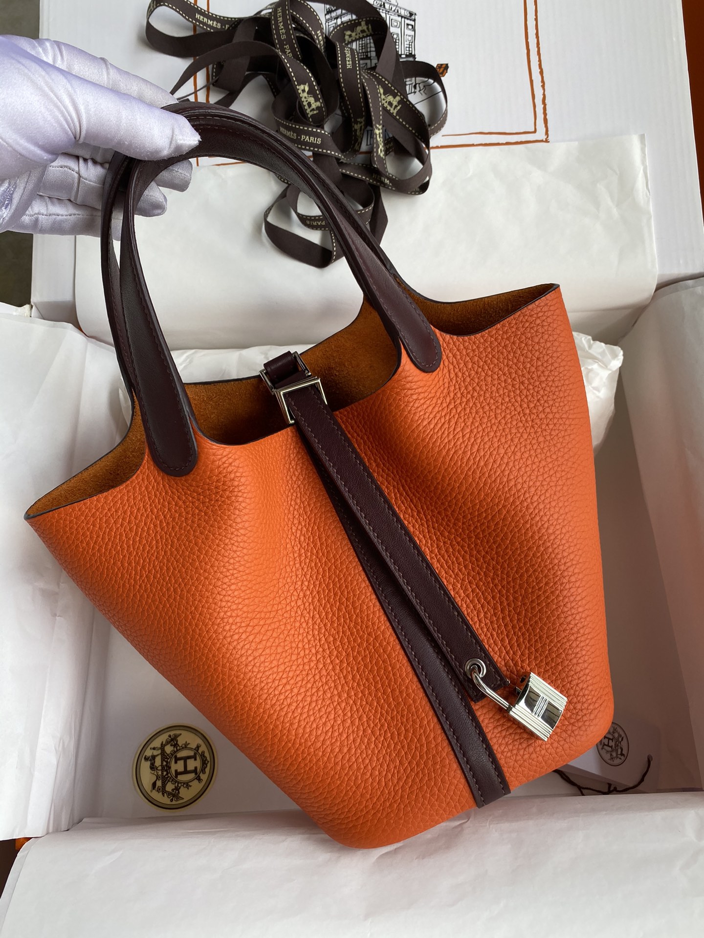 Picture [2]- Vegetable Basket Picotin...18cm Imported TC leather Orange spelling wine red Gold and silver buckle wax line-High Faux Bags