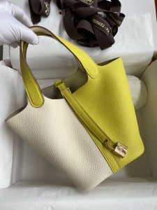 菜篮子Picotin...18cm 进口Taurillon Clemence皮 奶油白拼柠檬黄🍋 金扣-高仿包包