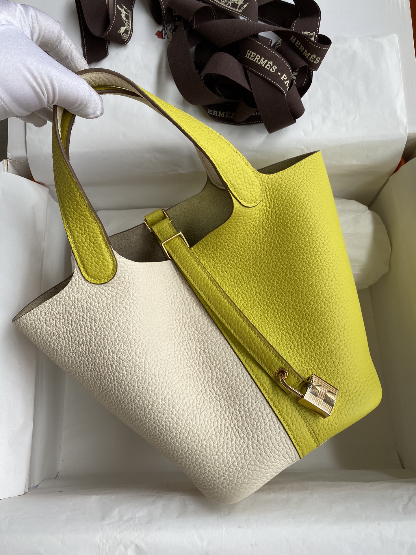 菜篮子Picotin…18cm 进口Taurillon Clemence皮 奶油白拼柠檬黄🍋 金扣-高仿包包