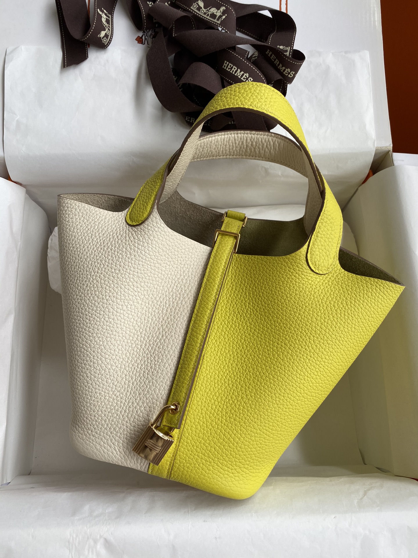 图片[2]-菜篮子Picotin…18cm 进口Taurillon Clemence皮 奶油白拼柠檬黄🍋 金扣-高仿包包