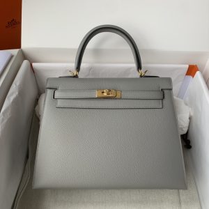 Kelly 25/28/32cm进口Epsom皮 手工蜡线缝制海鸥灰金银扣-高仿包包