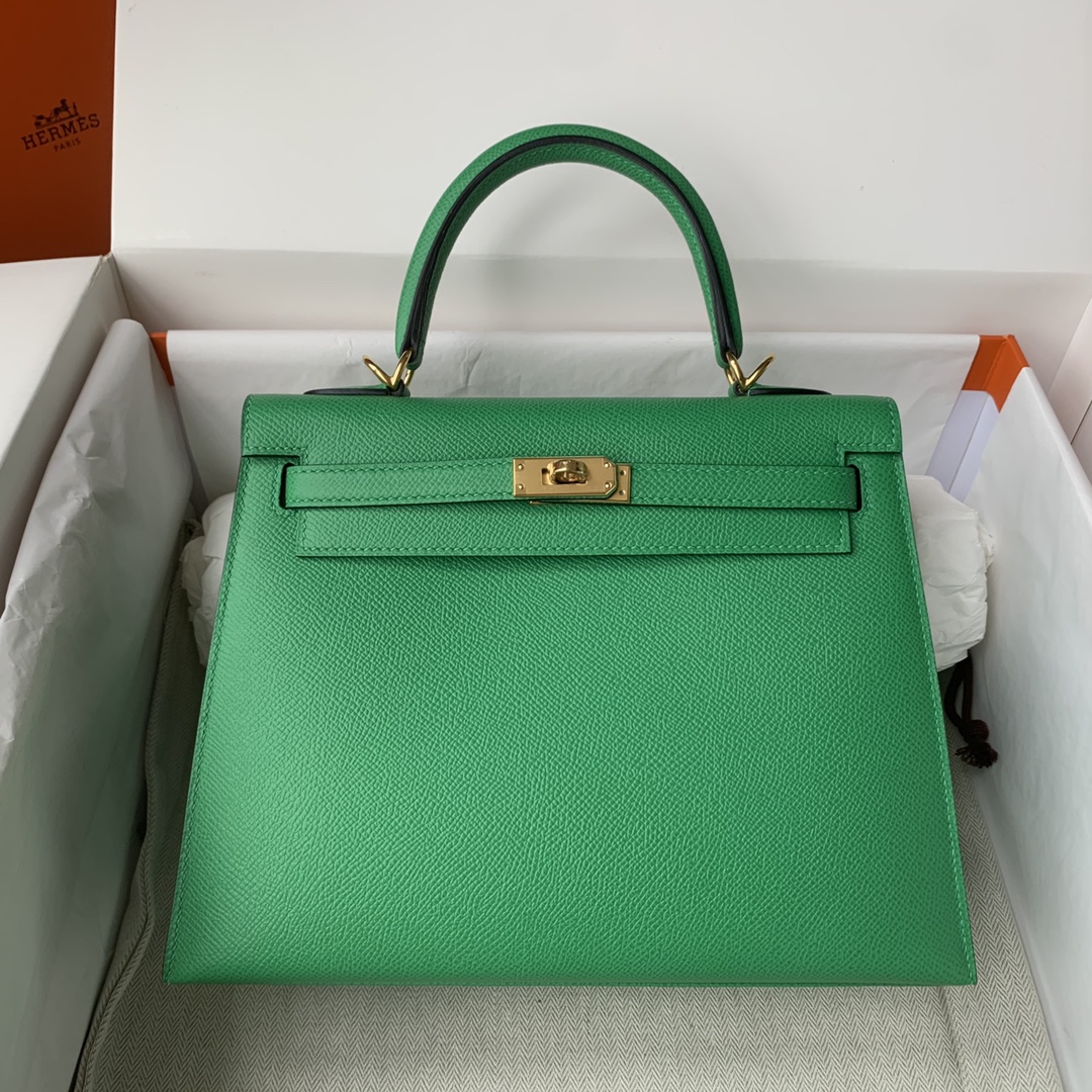 Kelly 25/28/32cm进口Epsom皮 手工蜡线缝制竹子绿金银扣-高仿包包