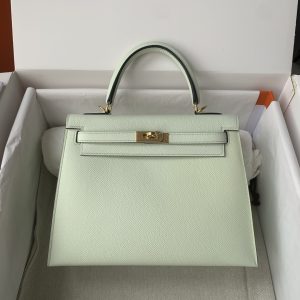 Kelly 25/28/32cm进口Epsom皮 手工蜡线缝制气泡绿金银扣-高仿包包