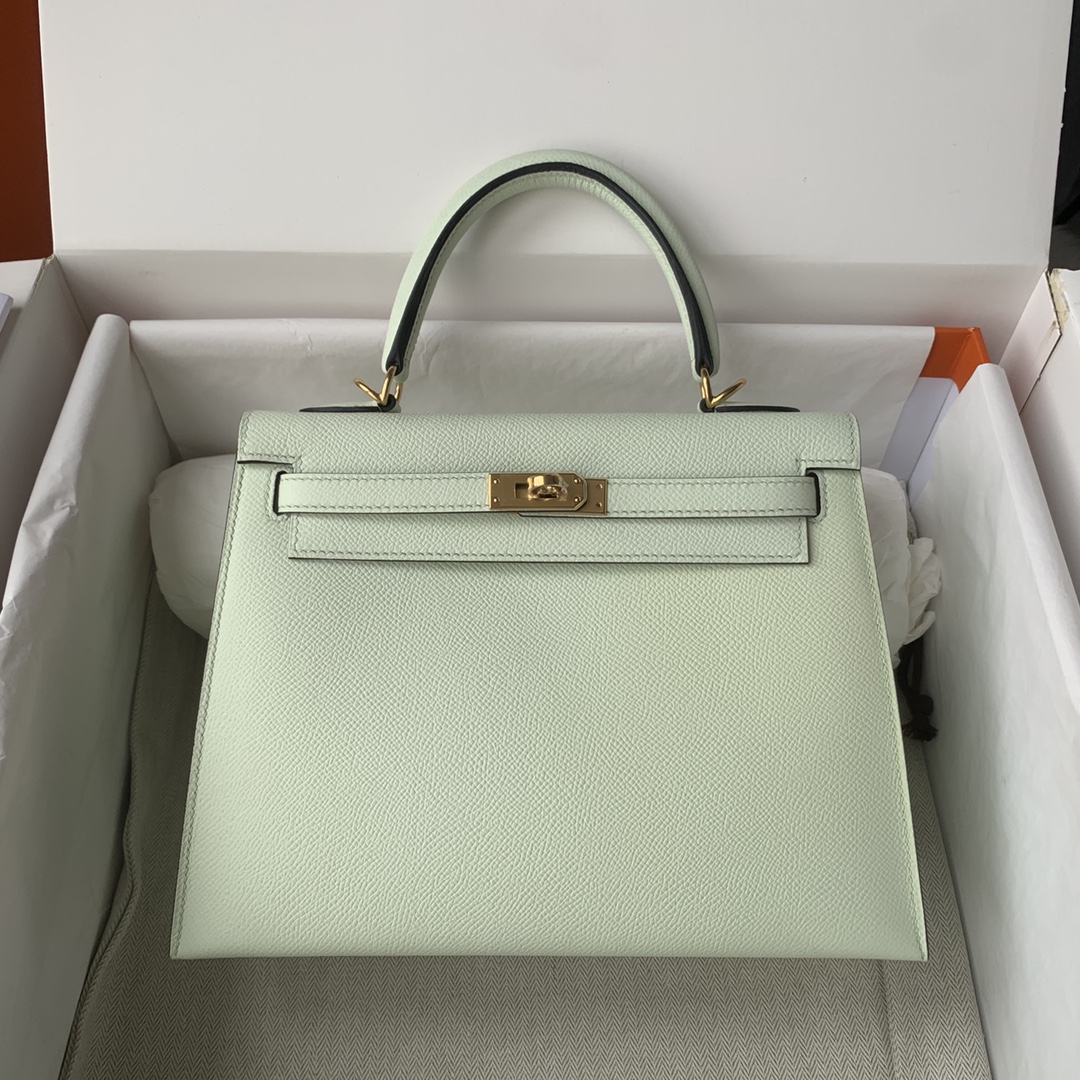 Kelly 25/28/32cm进口Epsom皮 手工蜡线缝制气泡绿金银扣-高仿包包