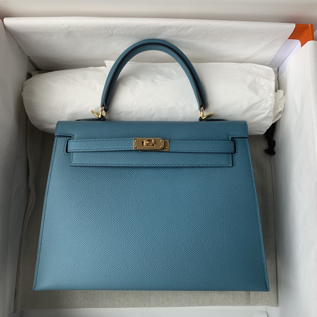 Picture [4]-Kelly 25/28/32cm Imported Epsom Leather Handmade Waxed Stitching Denim Blue Gold and Silver Buckle-High Faux Bags