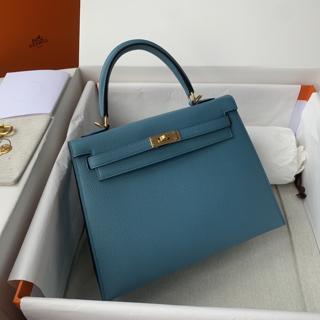 Picture[5]-Kelly 25/28/32cm Imported Epsom Leather Handmade Waxed Stitching Denim Blue Gold And Silver Buckle-High Fake Bags