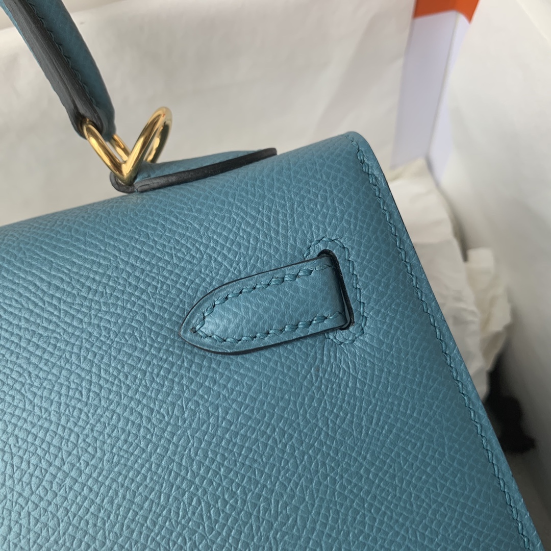 Picture[7]-Kelly 25/28/32cm Imported Epsom Leather Handmade Waxed Stitching Denim Blue Gold And Silver Buckle-High Fake Bags