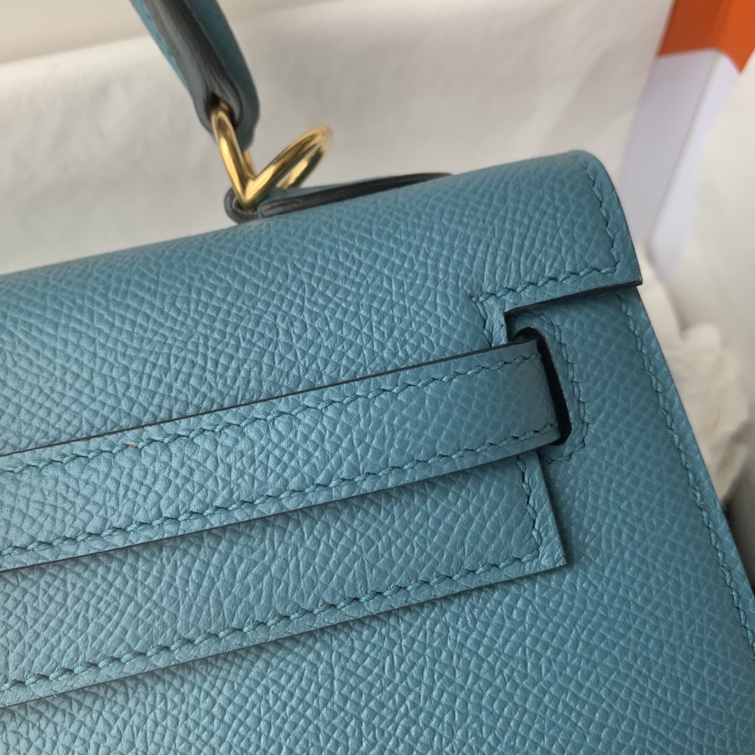 Picture[6]-Kelly 25/28/32cm Imported Epsom Leather Handmade Waxed Stitching Denim Blue Gold And Silver Buckle-High Fake Bags