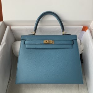 Kelly 25/28/32cm进口Epsom皮 手工蜡线缝制牛仔蓝金银扣-高仿包包