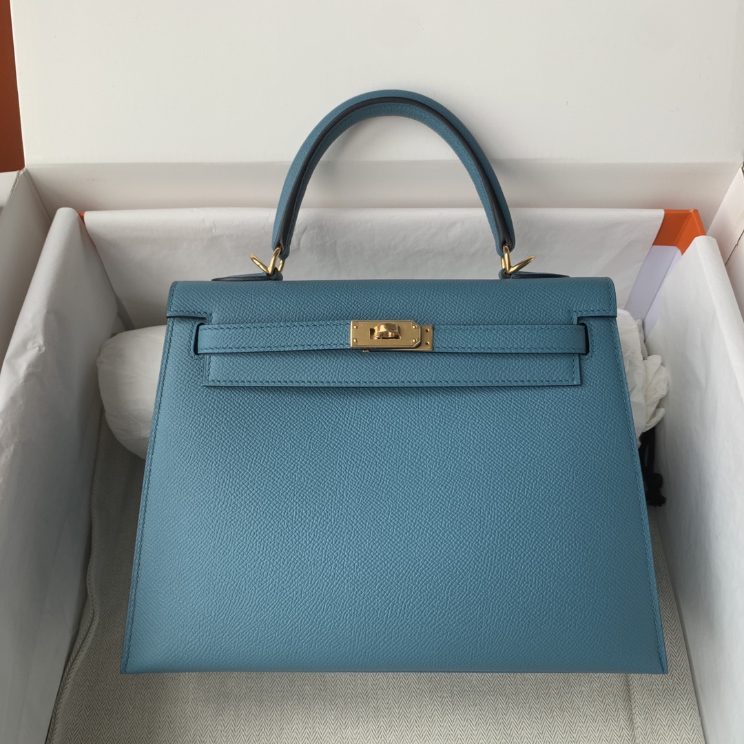Kelly 25/28/32cm Imported Epsom Leather Handmade Waxed Stitching Denim Blue Gold and Silver Buckle-High Faux Bags