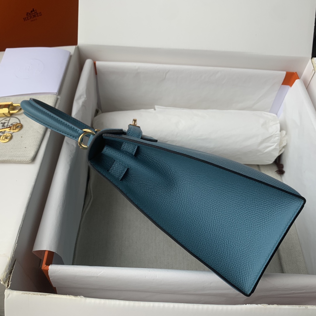 Picture[2]-Kelly 25/28/32cm Imported Epsom Leather Handmade Waxed Stitching Denim Blue Gold and Silver Buckle-High Faux Bags