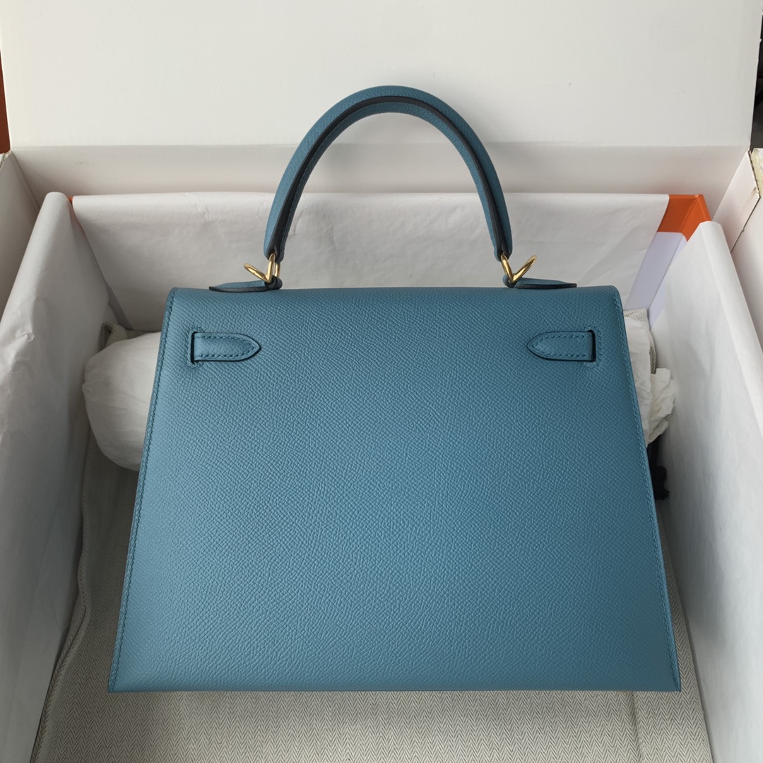 Picture[3]-Kelly 25/28/32cm Imported Epsom Leather Handmade Waxed Stitching Denim Blue Gold And Silver Buckle-High Fake Bags