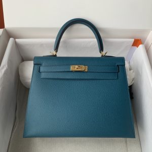 Kelly 25/28/32cm进口Epsom皮 手工蜡线缝制普鲁士蓝金银扣-高仿包包