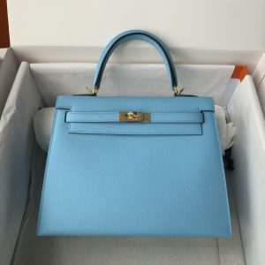 Kelly 25/28/32cm进口Epsom皮 手工蜡线缝制北方蓝金银扣-高仿包包