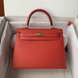 Kelly 25/28/32cm 进口Epsom皮 手工蜡线缝制大红金银扣-高仿包包
