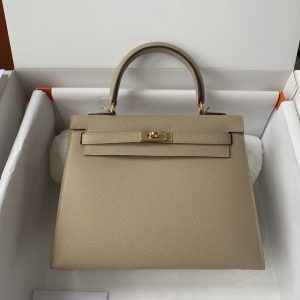 Kelly 25/28/32cm进口Epsom皮 手工蜡线缝制斑鸠灰金银扣-高仿包包