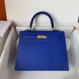 Kelly 25/28/32cm进口Epsom皮 手工蜡线缝制电光蓝金银扣-高仿包包